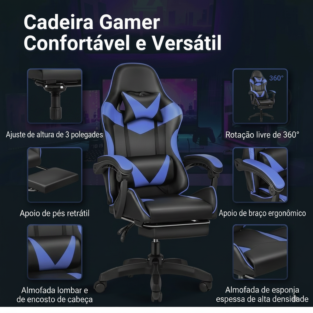 Cadeira Gamer Ergonômica em Couro com Descanso para os Pés