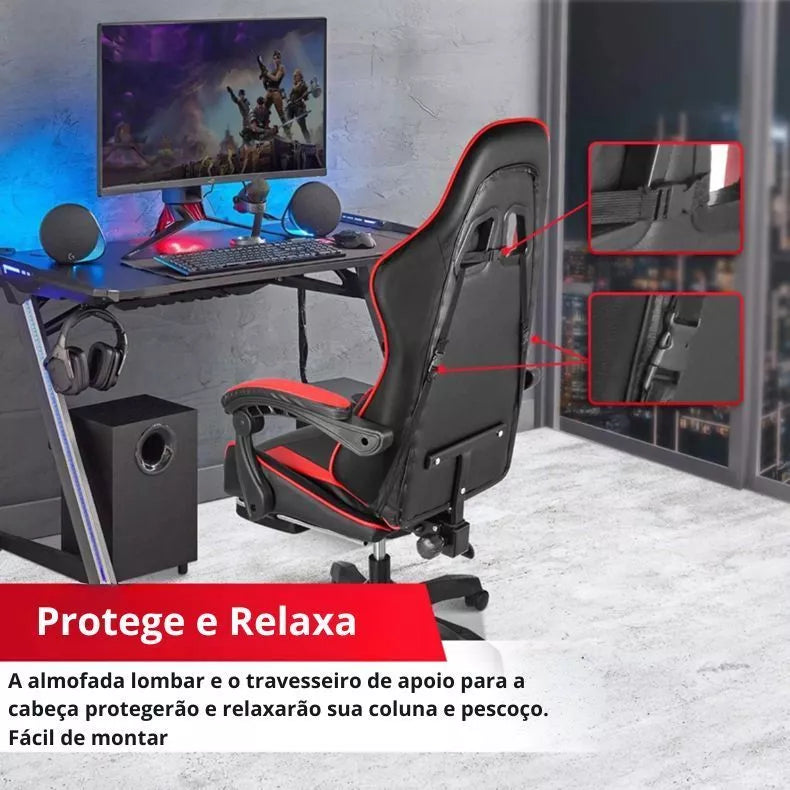Cadeira Gamer Ergonômica em Couro com Descanso para os Pés